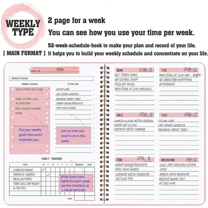 52 Weeks Weekly Planner Notebook A5 Undated Spiral Agenda Daily Student Schedules Journal Stationery Office School Supplies